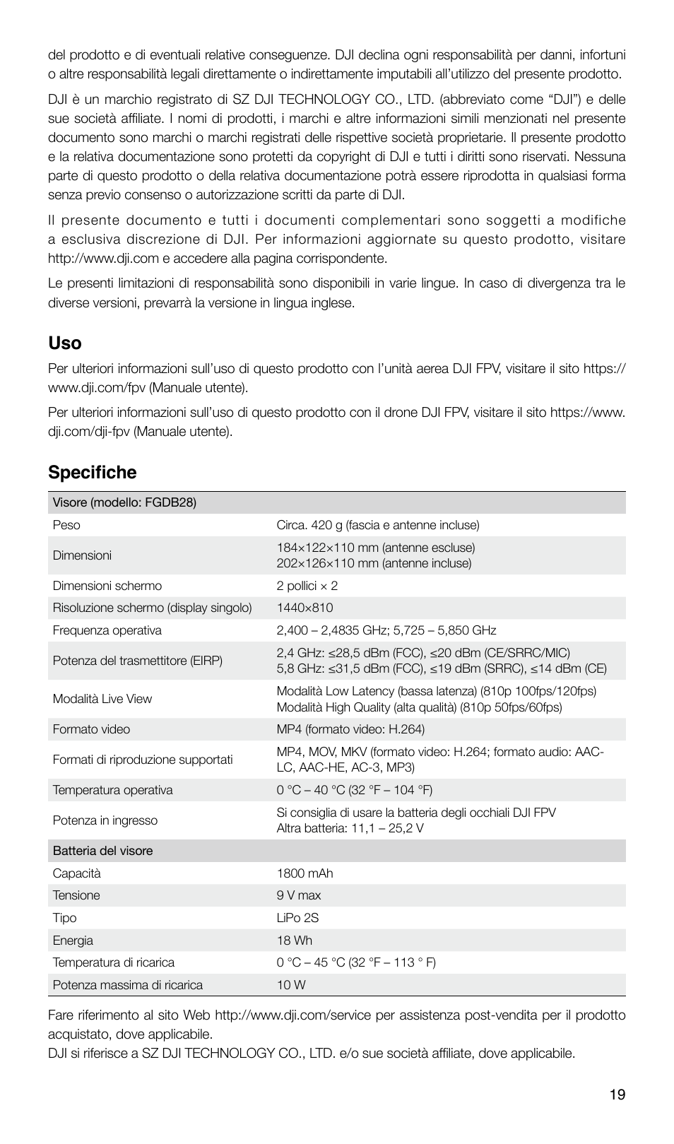 Specifiche | DJI FPV Drone (Combo) User Manual | Page 20 / 29