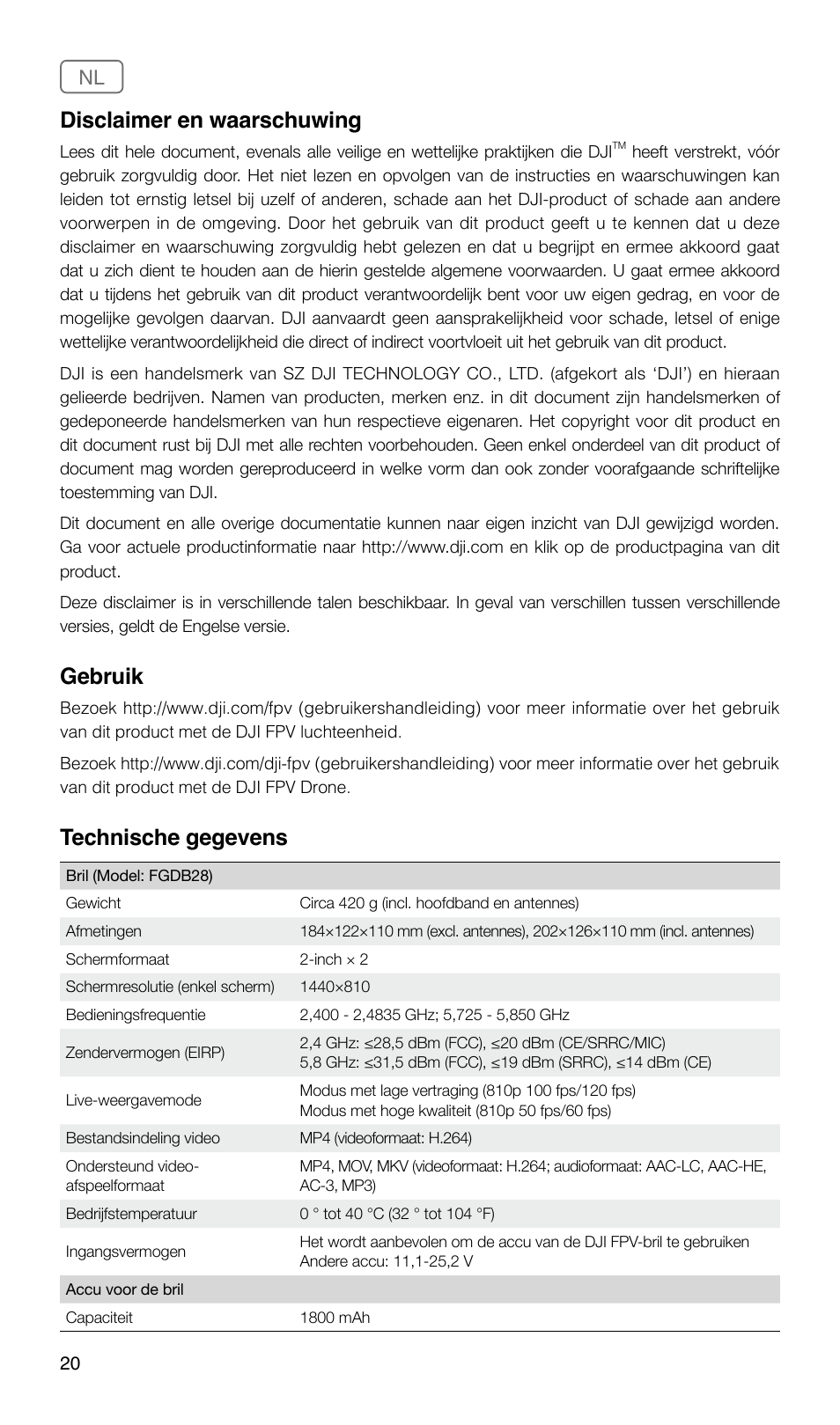 Disclaimer en waarschuwing, Gebruik, Technische gegevens | DJI FPV Drone (Combo) User Manual | Page 21 / 29