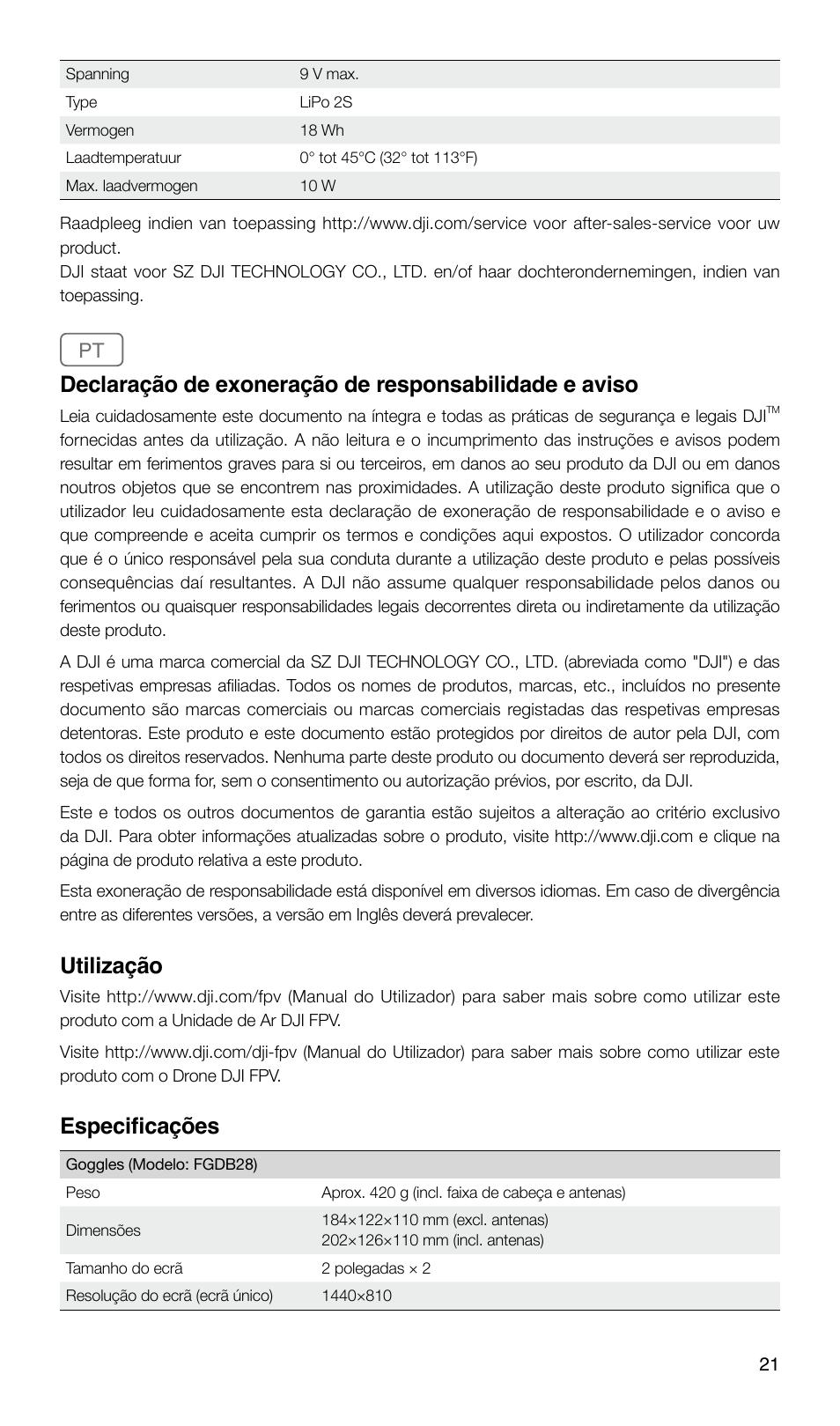 Utilização, Especificações | DJI FPV Drone (Combo) User Manual | Page 22 / 29