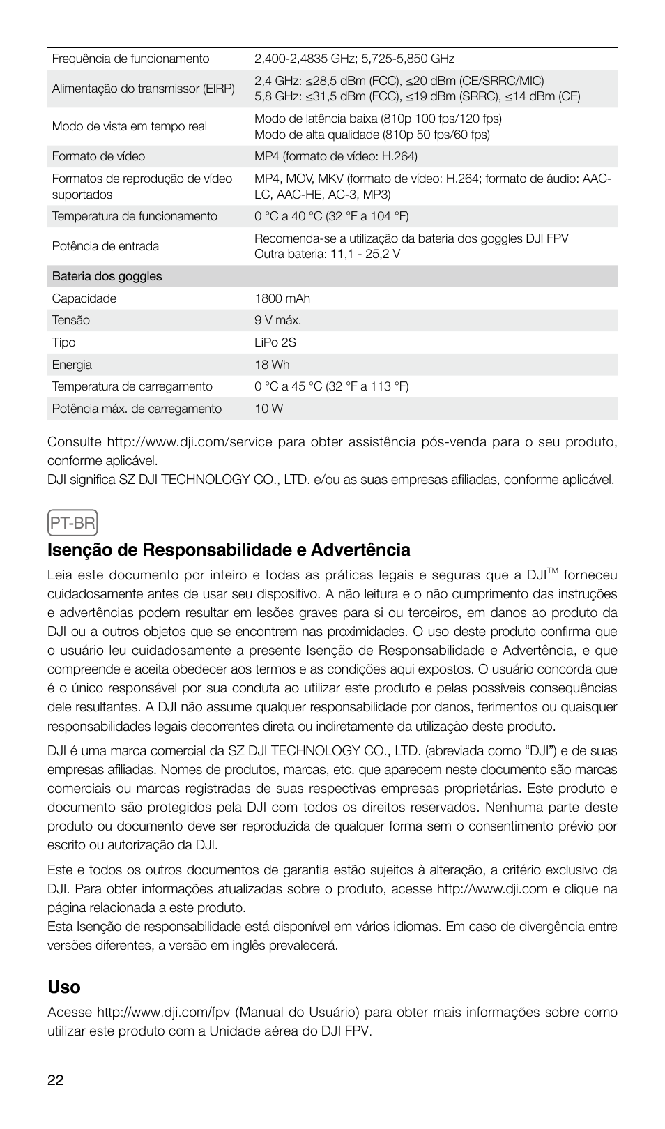 Isenção de responsabilidade e advertência, Pt-br | DJI FPV Drone (Combo) User Manual | Page 23 / 29