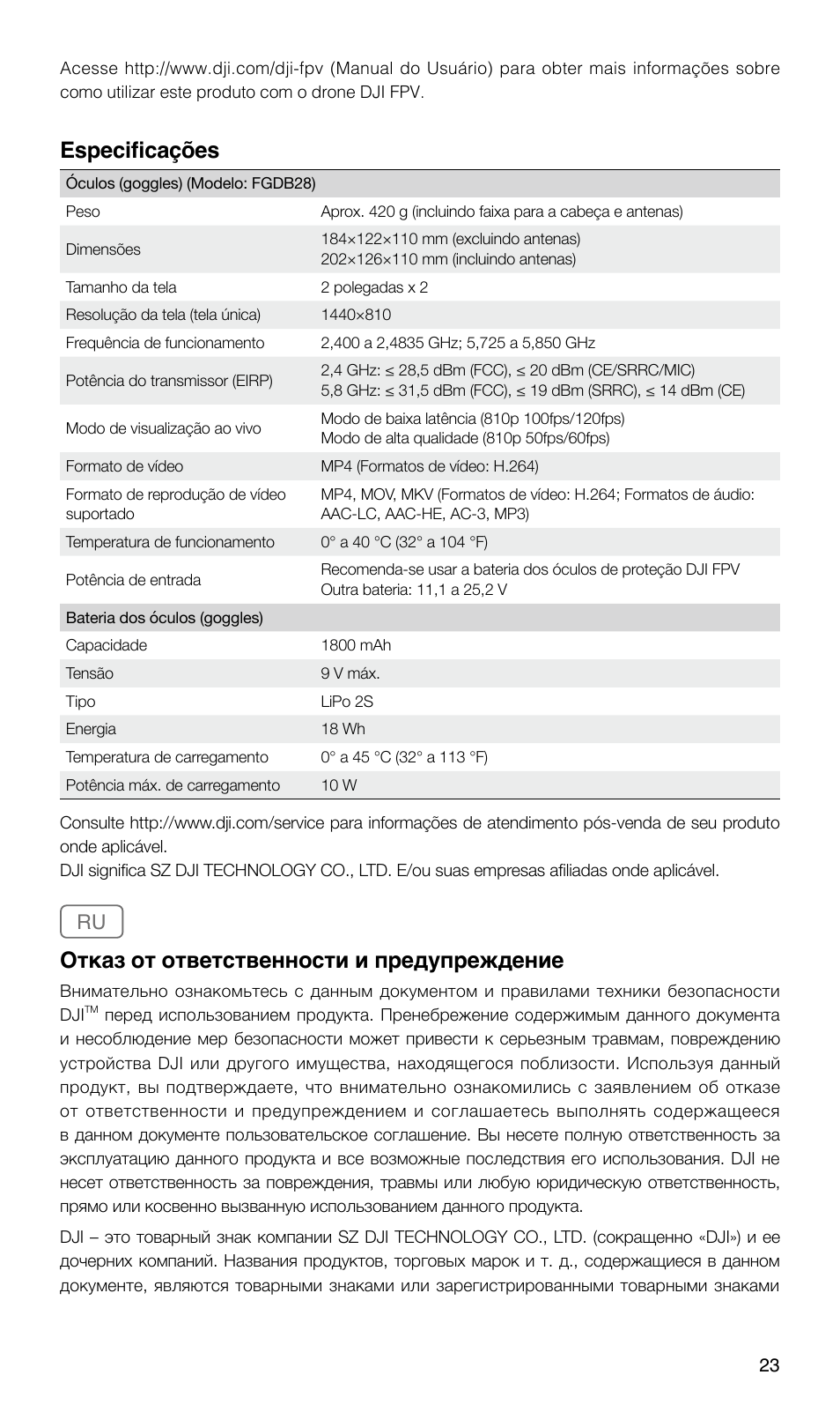 Especificações, Отказ от ответственности и предупреждение | DJI FPV Drone (Combo) User Manual | Page 24 / 29