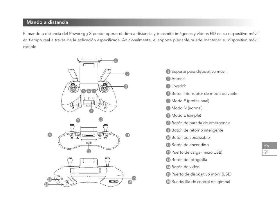 69 es, Mando a distancia | Power Vision PowerEgg X Explorer AI Camera & Drone User Manual | Page 71 / 84