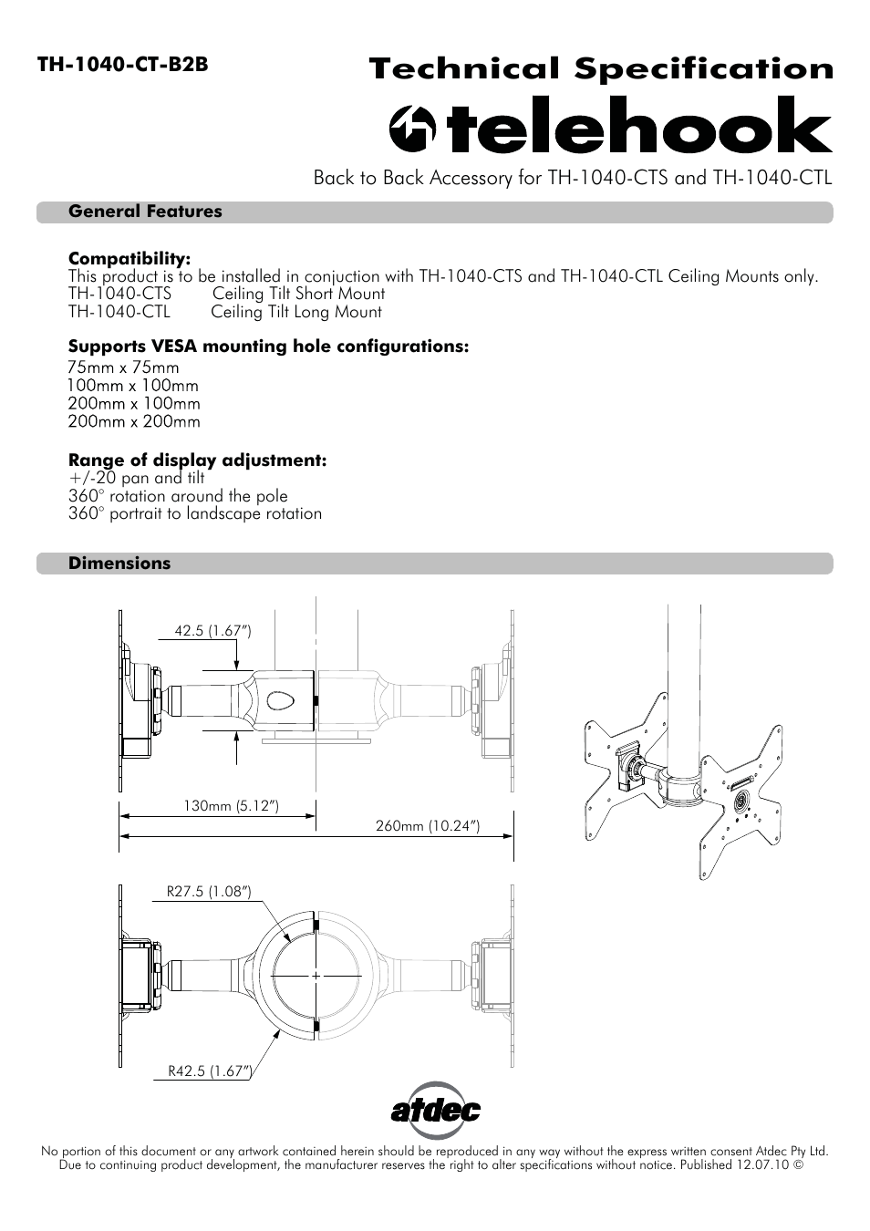 Atdec Telehook TH-1040-CT-B2B Accessory (Black) User Manual | 1 page