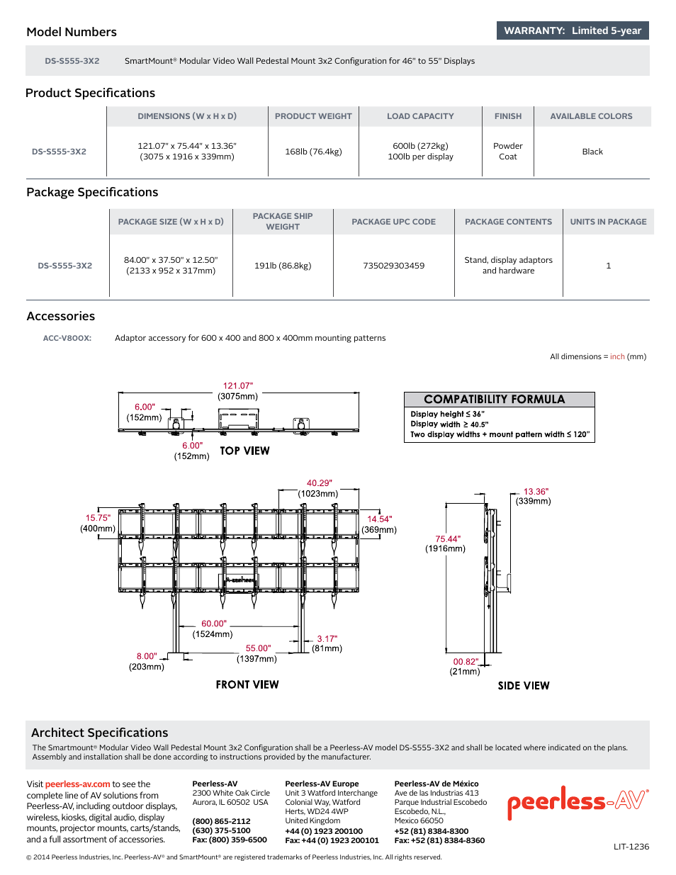 Product specifications model numbers | Peerless-AV Modular Video Wall Pedestal Mount for 46 to 55" Displays (3x2 Configuration) User Manual | Page 2 / 2