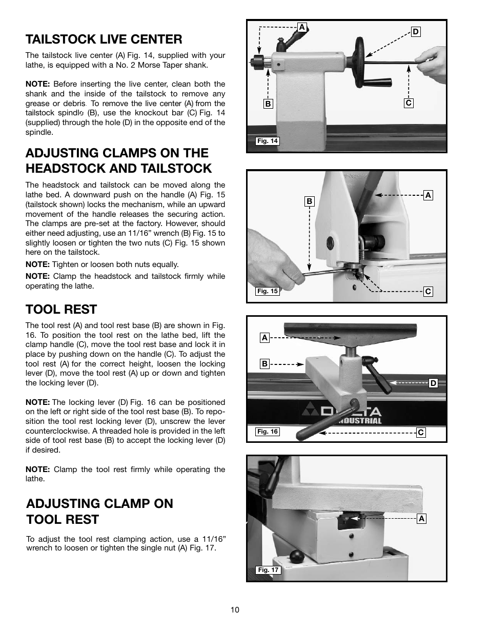 Tailstock live center, Tool rest, Adjusting clamps on the headstock and tailstock | Adjusting clamp on tool rest | Delta 46-755X User Manual | Page 10 / 24