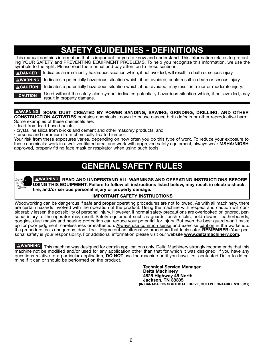 Safety guidelines - definitions, General safety rules | Delta 46-755X User Manual | Page 2 / 24