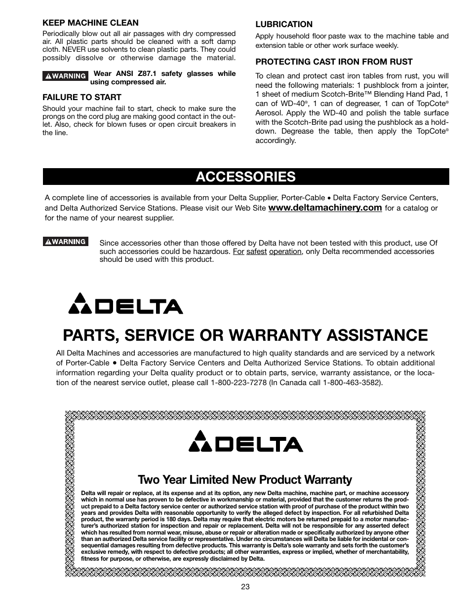 Parts, service or warranty assistance, Accessories, Two year limited new product warranty | Delta 46-755X User Manual | Page 23 / 24