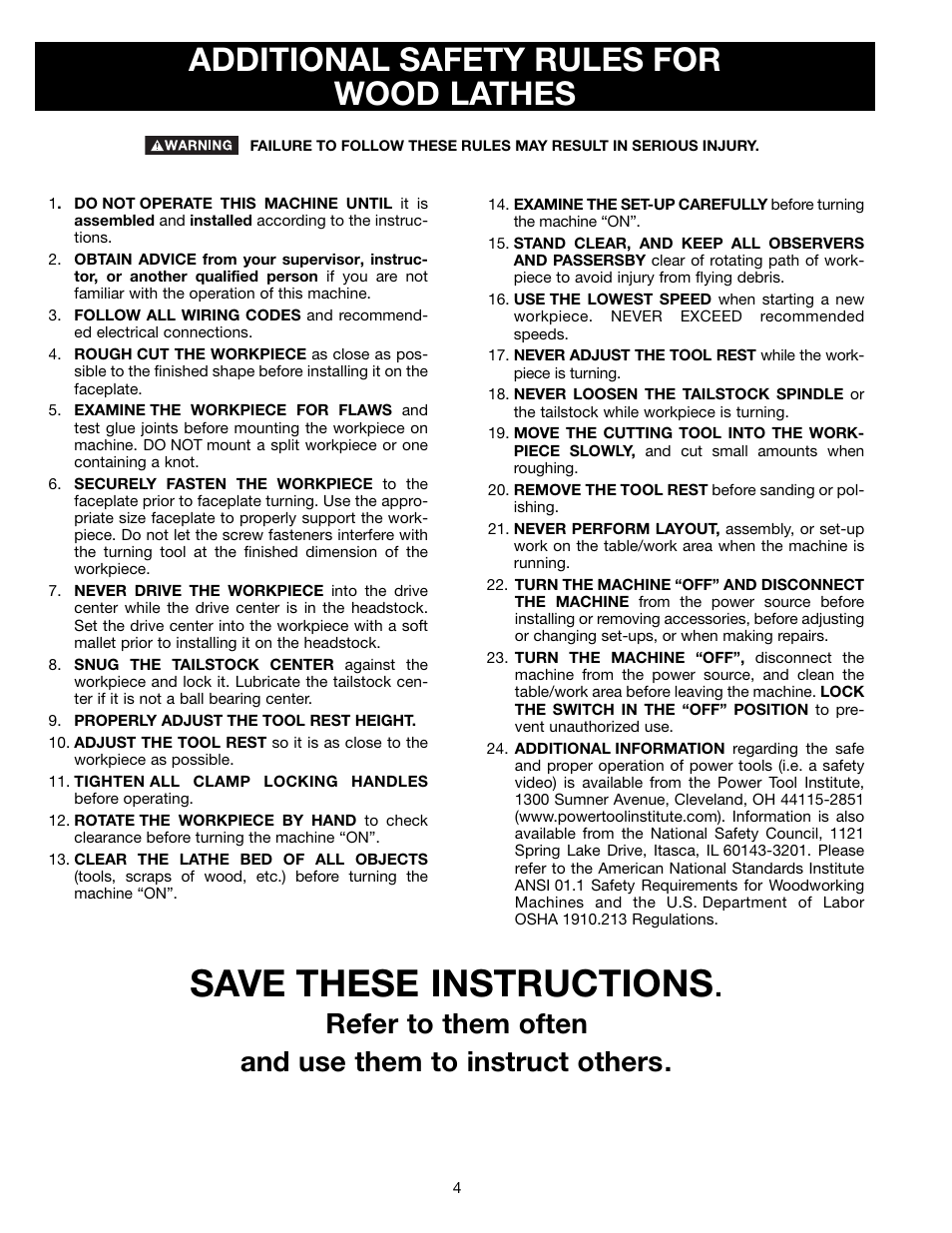 Save these instructions, Additional safety rules for wood lathes | Delta 46-755X User Manual | Page 4 / 24