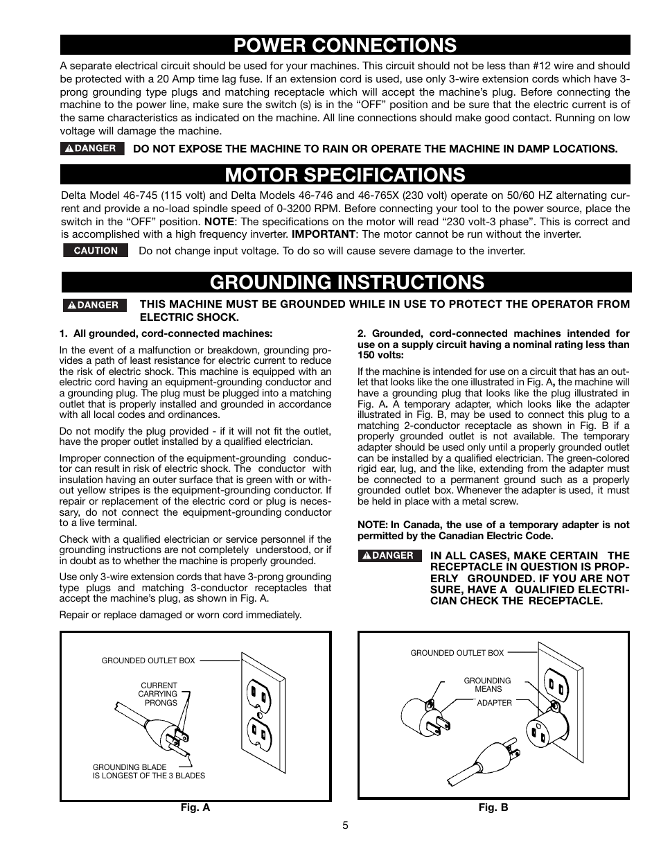 Power connections motor specifications, Grounding instructions | Delta 46-755X User Manual | Page 5 / 24