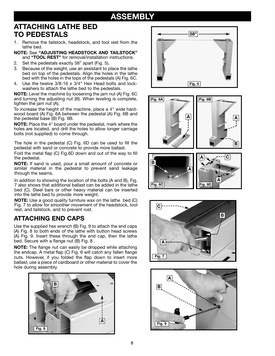 Assembly, Attaching lathe bed to pedestals, Attaching end caps | Delta 46-755X User Manual | Page 8 / 24