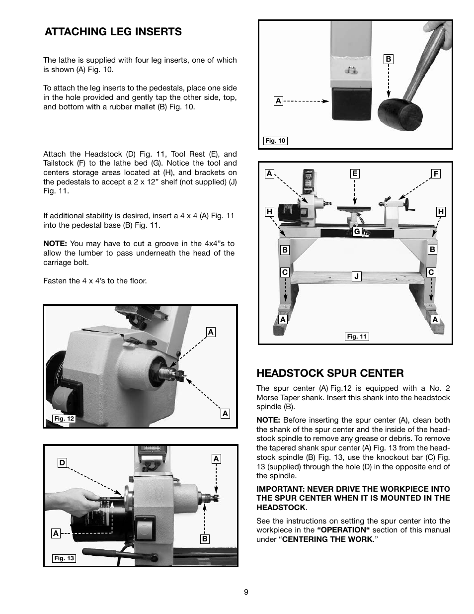 Attaching leg inserts, Headstock spur center | Delta 46-755X User Manual | Page 9 / 24