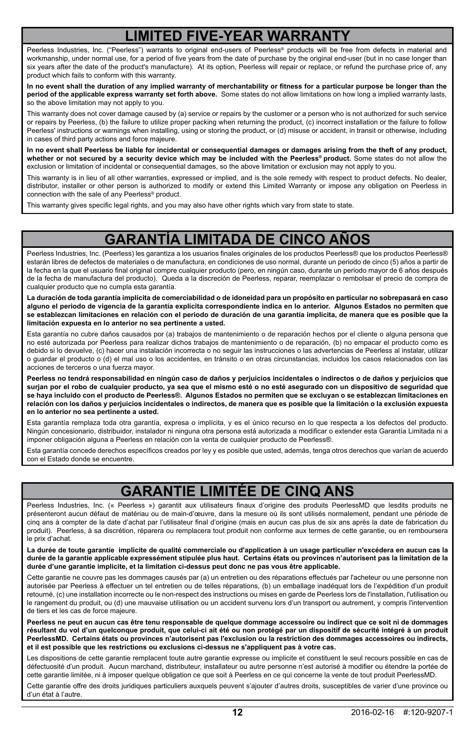 Garantía limitada de cinco años, Garantie limitée de cinq ans, Limited five-year warranty | Peerless-AV ACC-LGOLED Adapter Bracket for Select OLED TVs User Manual | Page 12 / 16