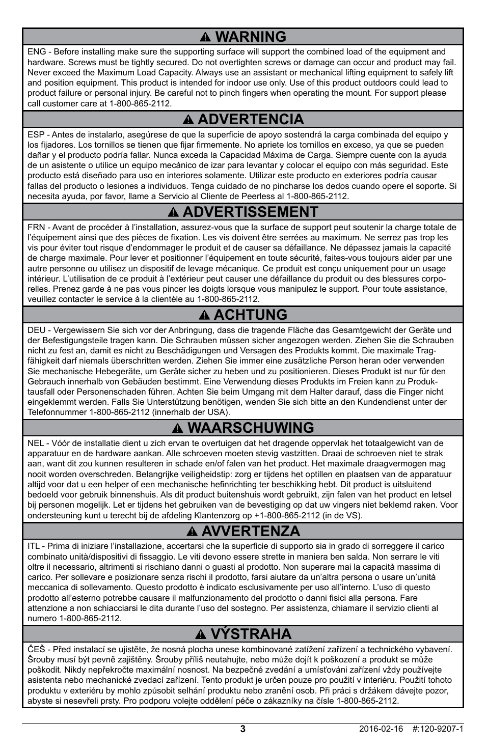 Warning, Advertencia advertissement, Achtung | Waarschuwing, Avvertenza, Výstraha | Peerless-AV ACC-LGOLED Adapter Bracket for Select OLED TVs User Manual | Page 3 / 16