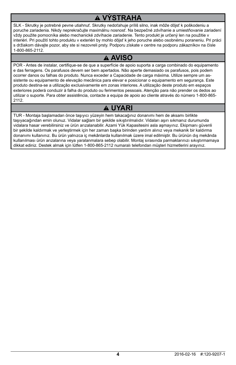 Výstraha, Uyari, Aviso | Peerless-AV ACC-LGOLED Adapter Bracket for Select OLED TVs User Manual | Page 4 / 16