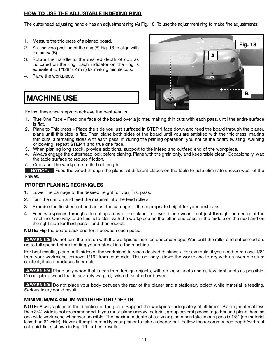 Machine use | Delta 13" PORTABLE PLANER 22-590 User Manual | Page 11 / 52