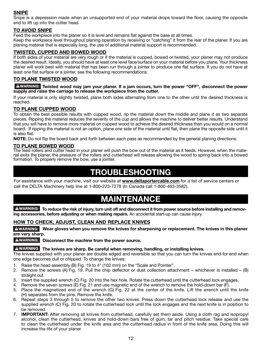 Troubleshooting, Maintenance | Delta 13" PORTABLE PLANER 22-590 User Manual | Page 12 / 52