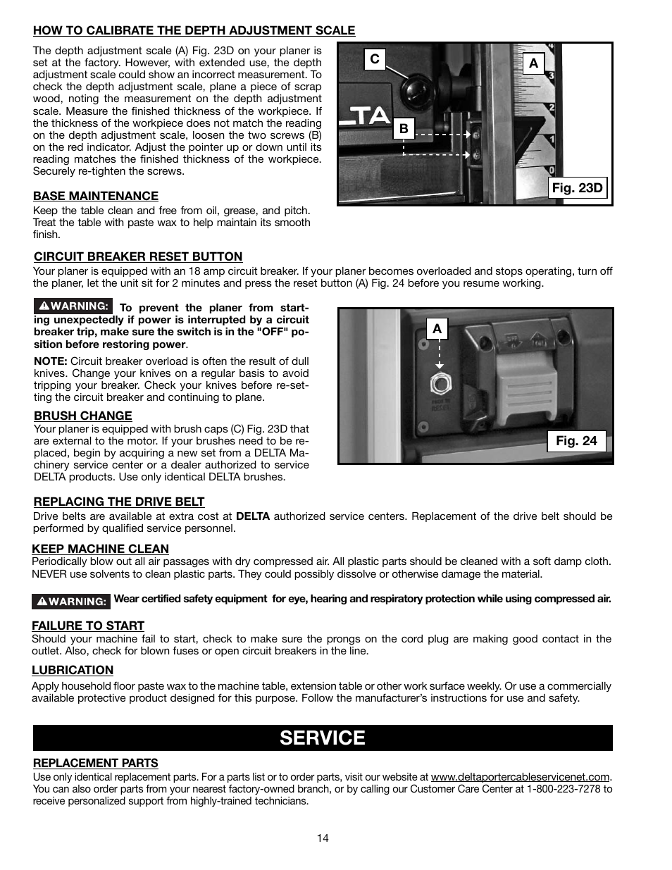 Service | Delta 13" PORTABLE PLANER 22-590 User Manual | Page 14 / 52