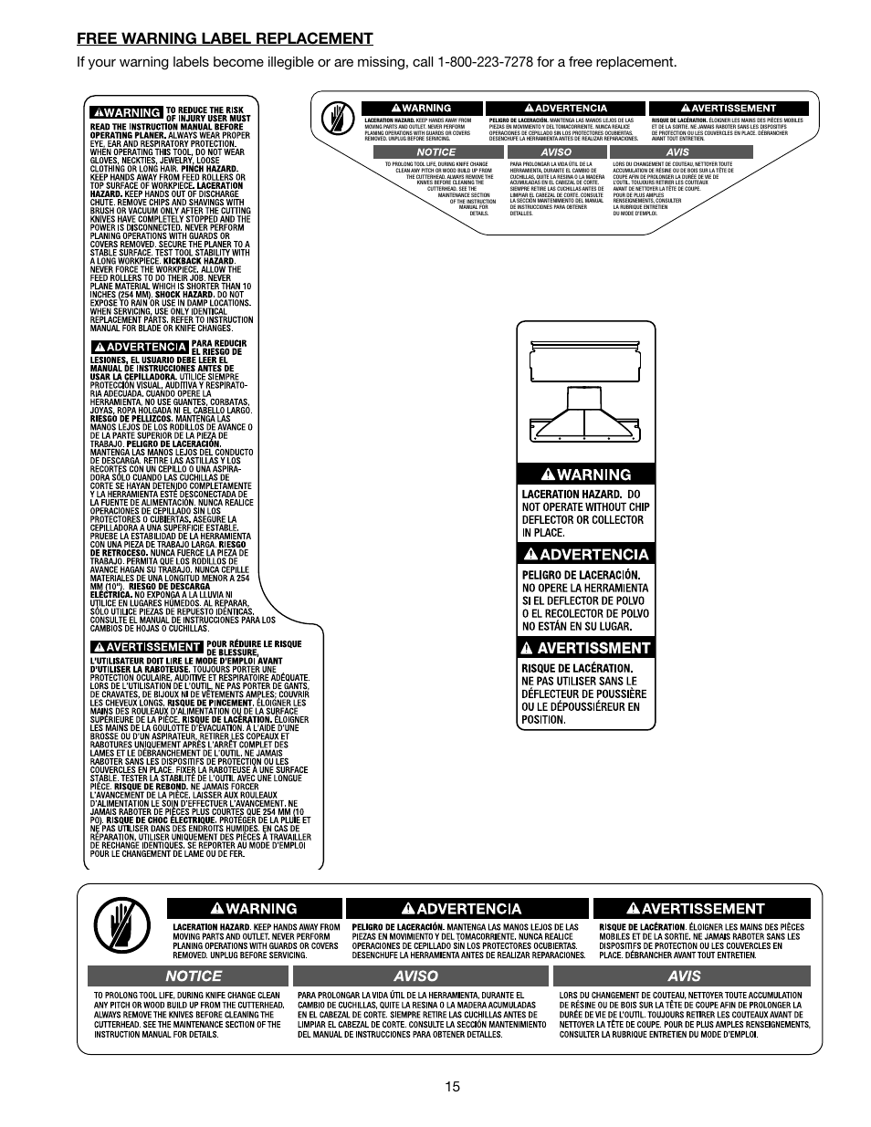 Free warning label replacement, Avertissment | Delta 13" PORTABLE PLANER 22-590 User Manual | Page 15 / 52