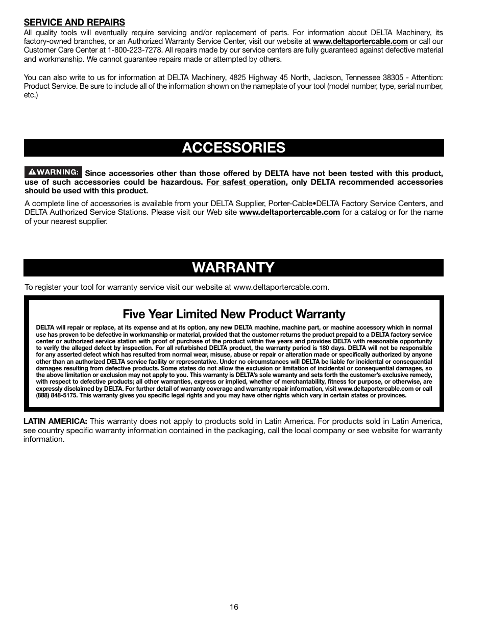 Accessories, Warranty, Five year limited new product warranty | Delta 13" PORTABLE PLANER 22-590 User Manual | Page 16 / 52