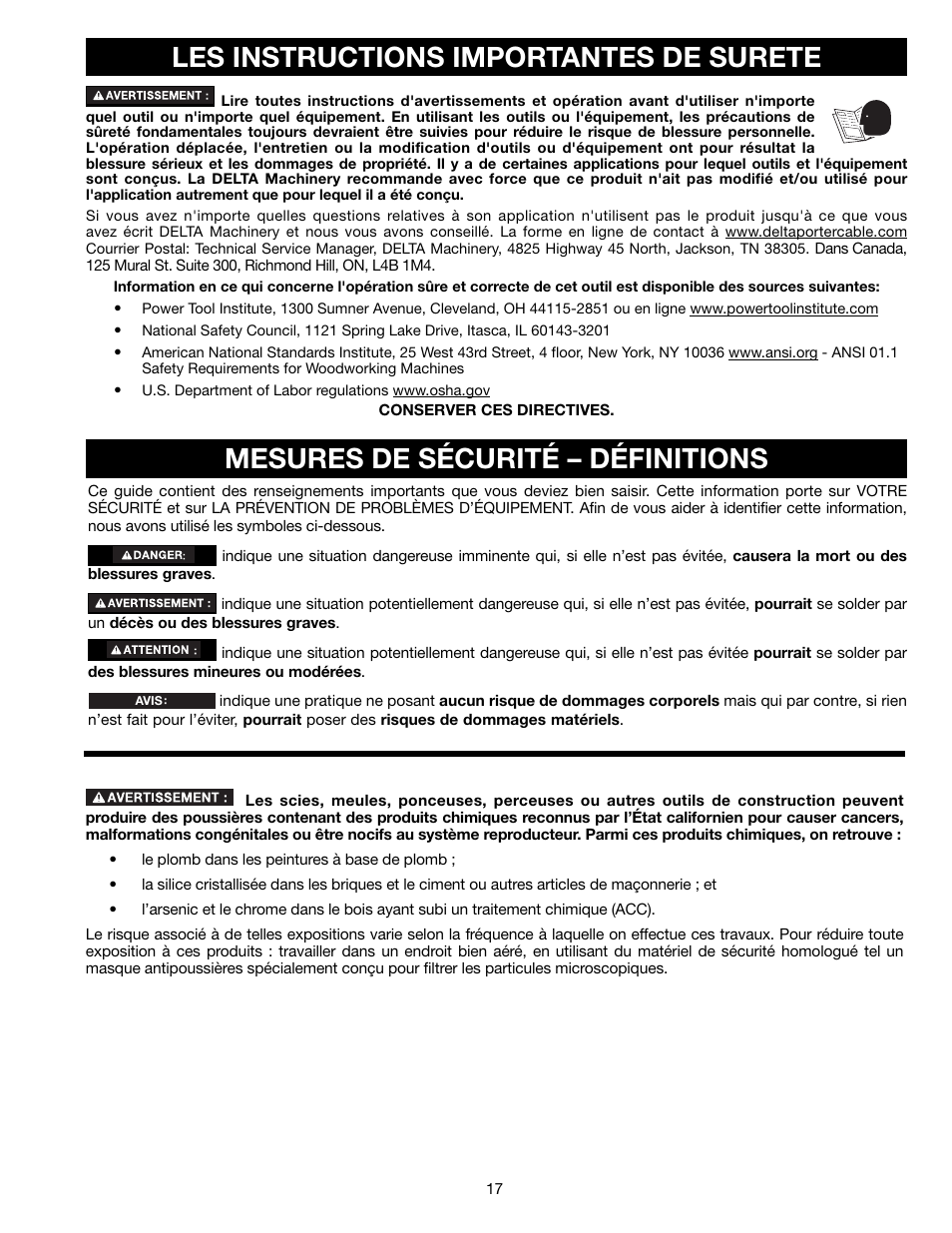 Les instructions importantes de surete, Mesures de sécurité – définitions | Delta 13" PORTABLE PLANER 22-590 User Manual | Page 17 / 52