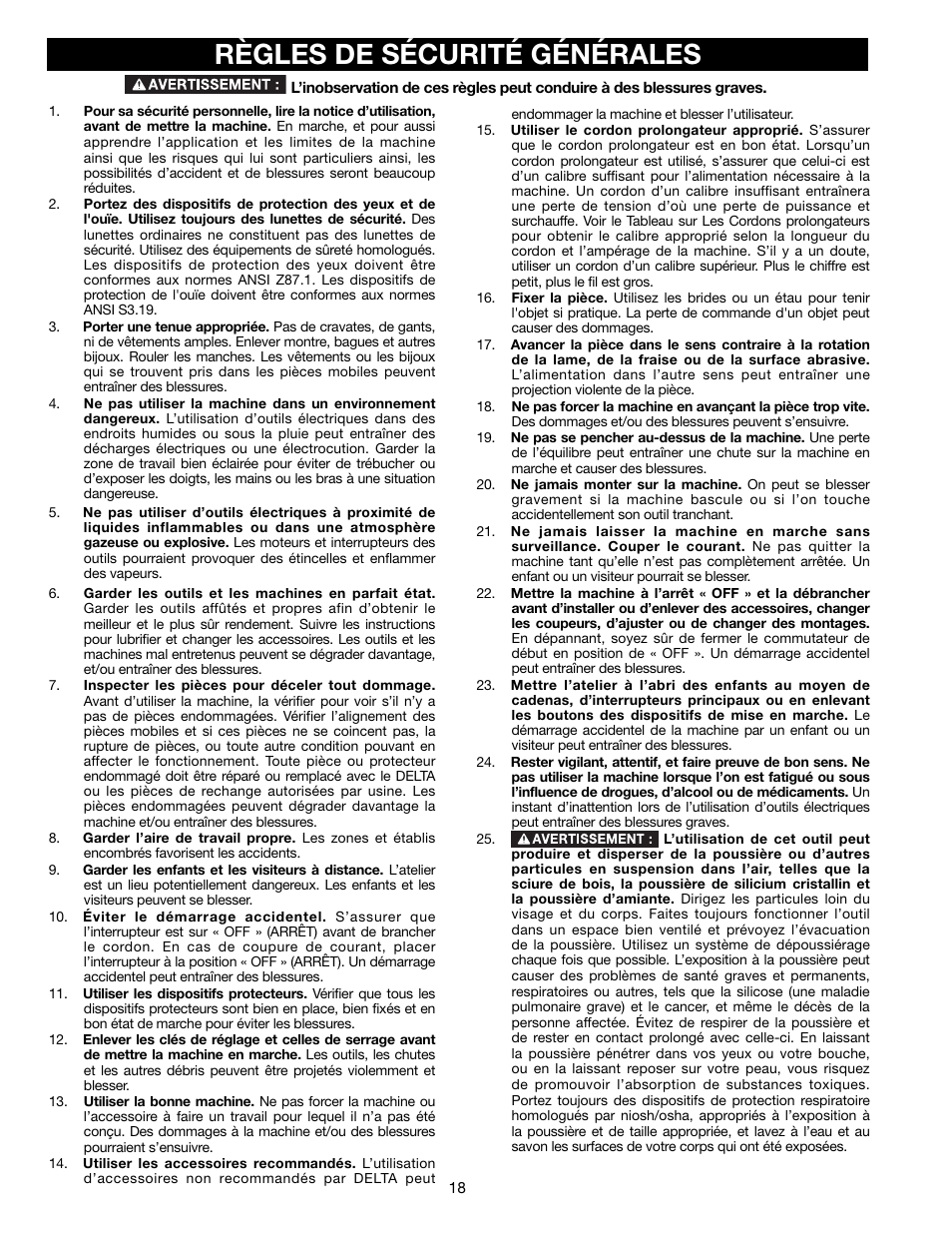 Règles de sécurité générales | Delta 13" PORTABLE PLANER 22-590 User Manual | Page 18 / 52