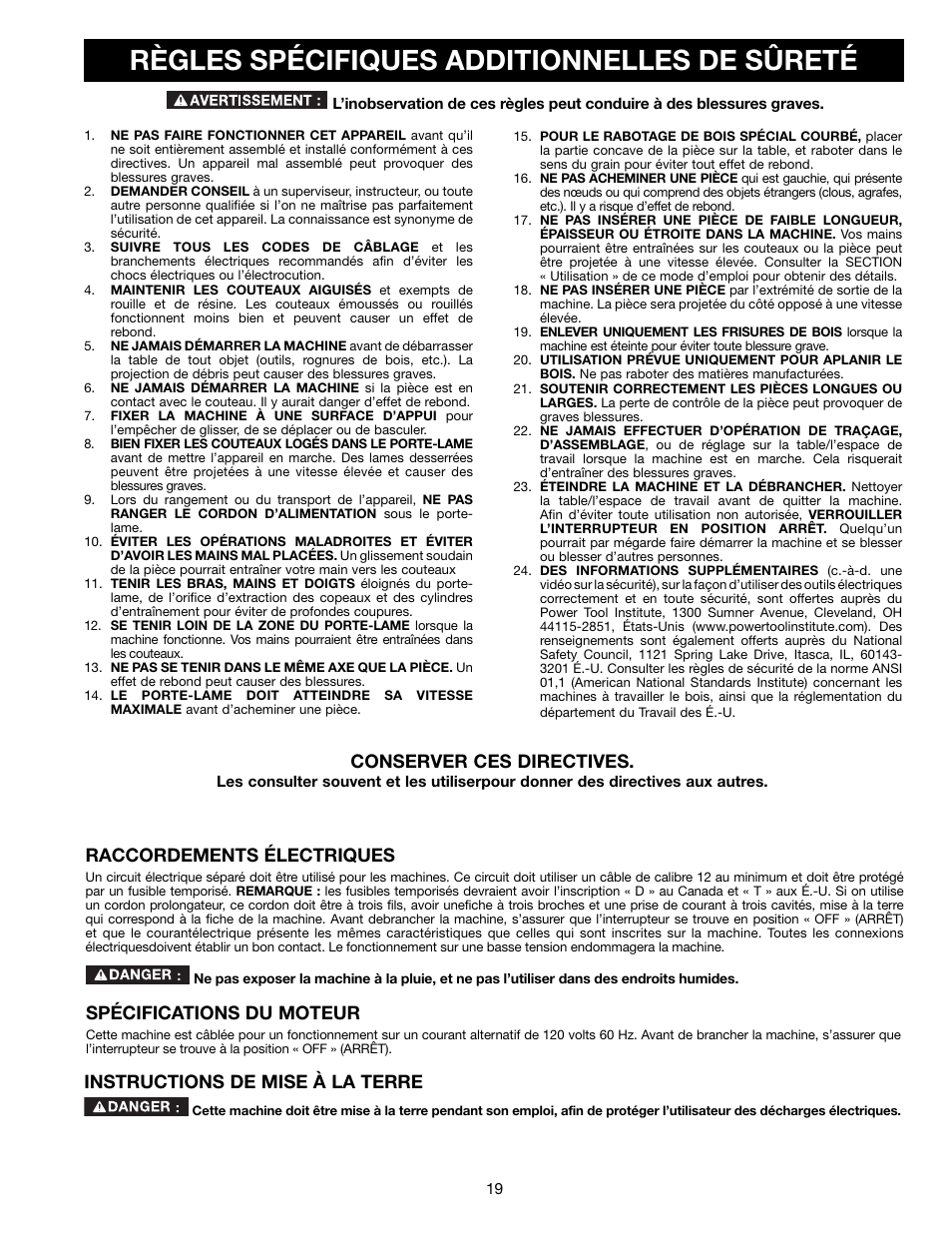 Règles spécifiques additionnelles de sûreté, Conserver ces directives, Raccordements électriques | Instructions de mise à la terre, Spécifications du moteur | Delta 13" PORTABLE PLANER 22-590 User Manual | Page 19 / 52