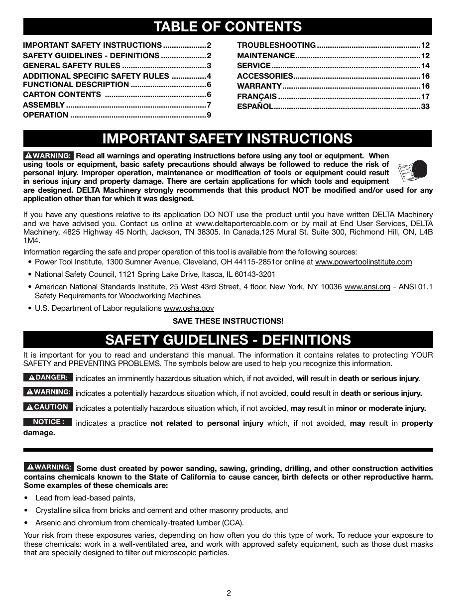 Delta 13" PORTABLE PLANER 22-590 User Manual | Page 2 / 52