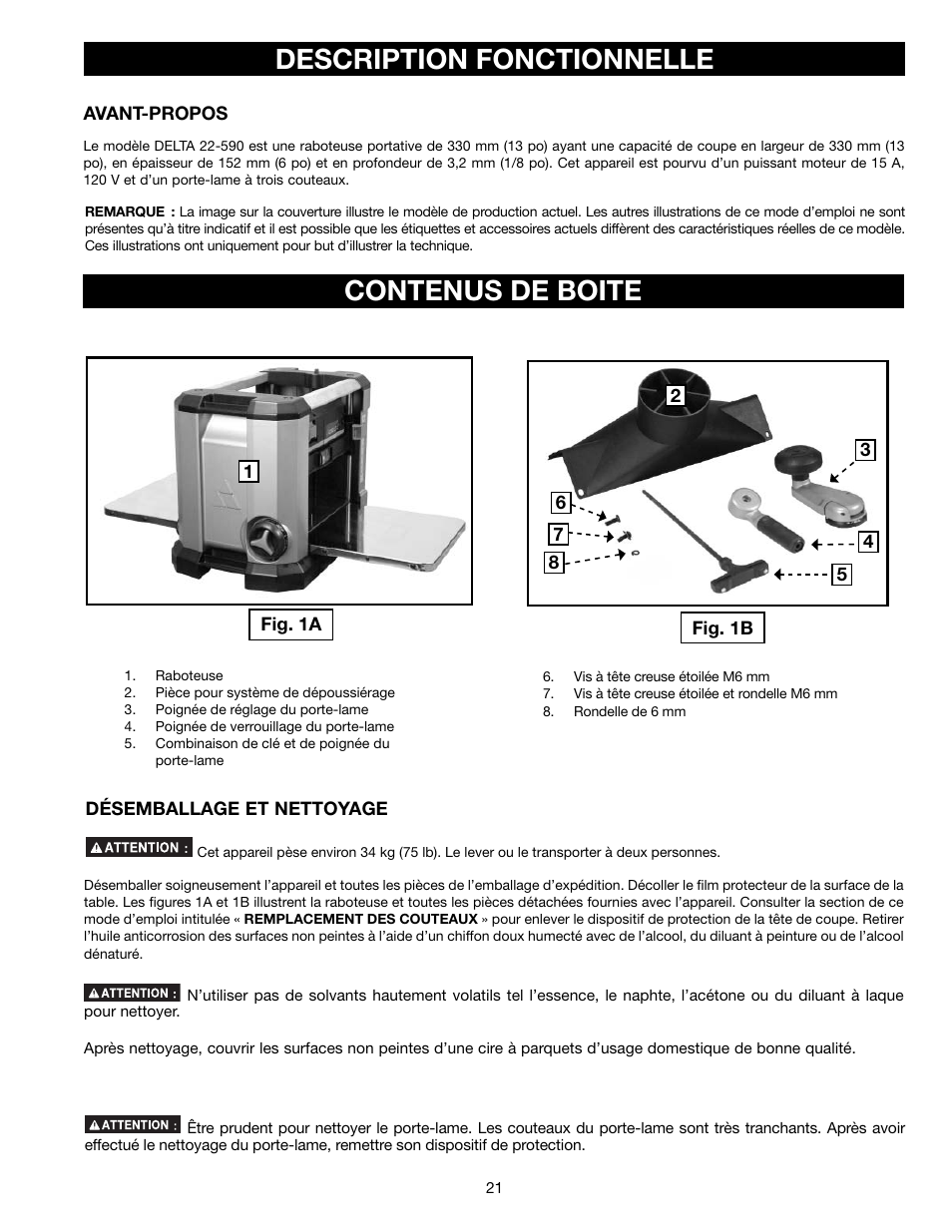 Description fonctionnelle contenus de boite | Delta 13" PORTABLE PLANER 22-590 User Manual | Page 21 / 52