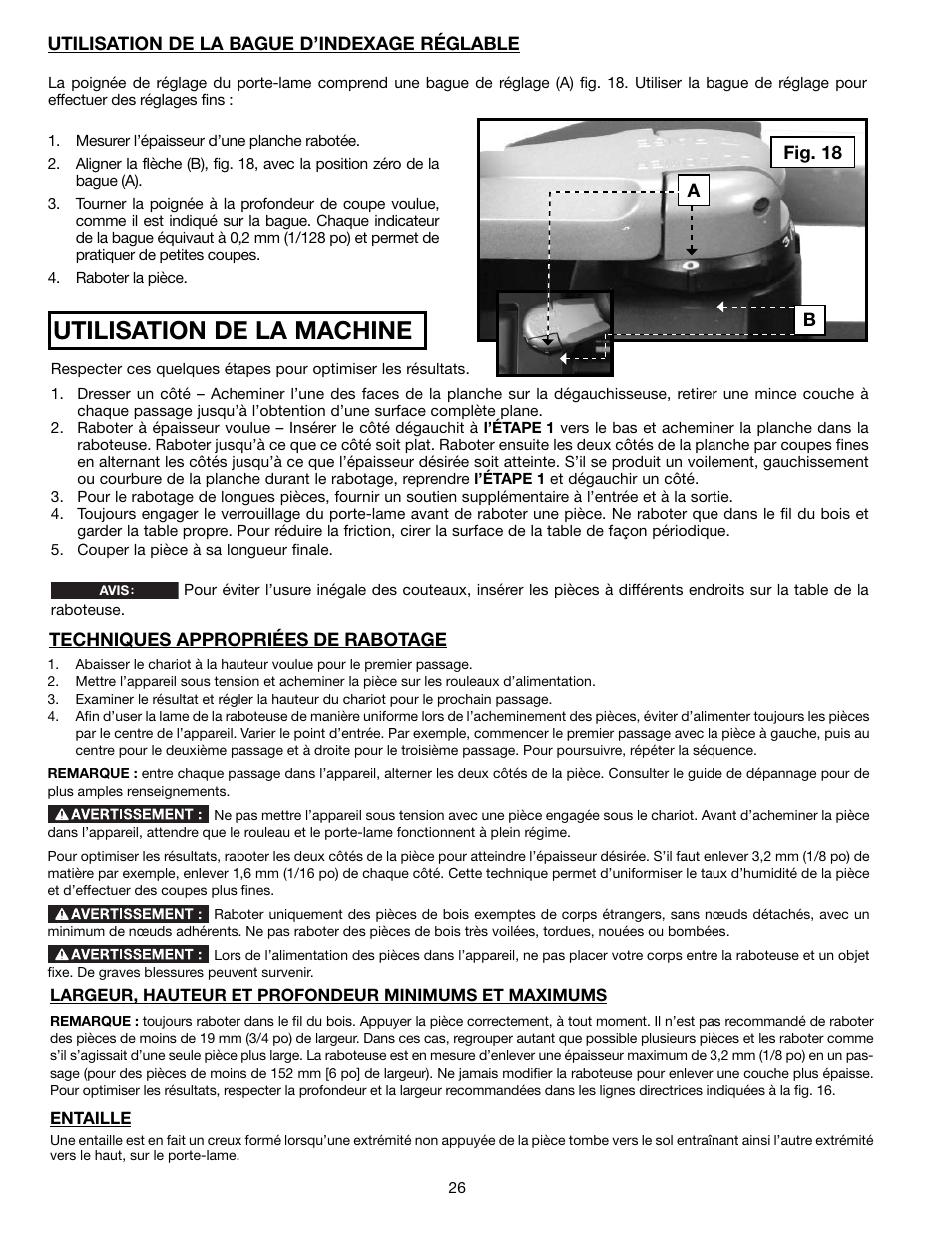 Utilisation de la machine | Delta 13" PORTABLE PLANER 22-590 User Manual | Page 26 / 52