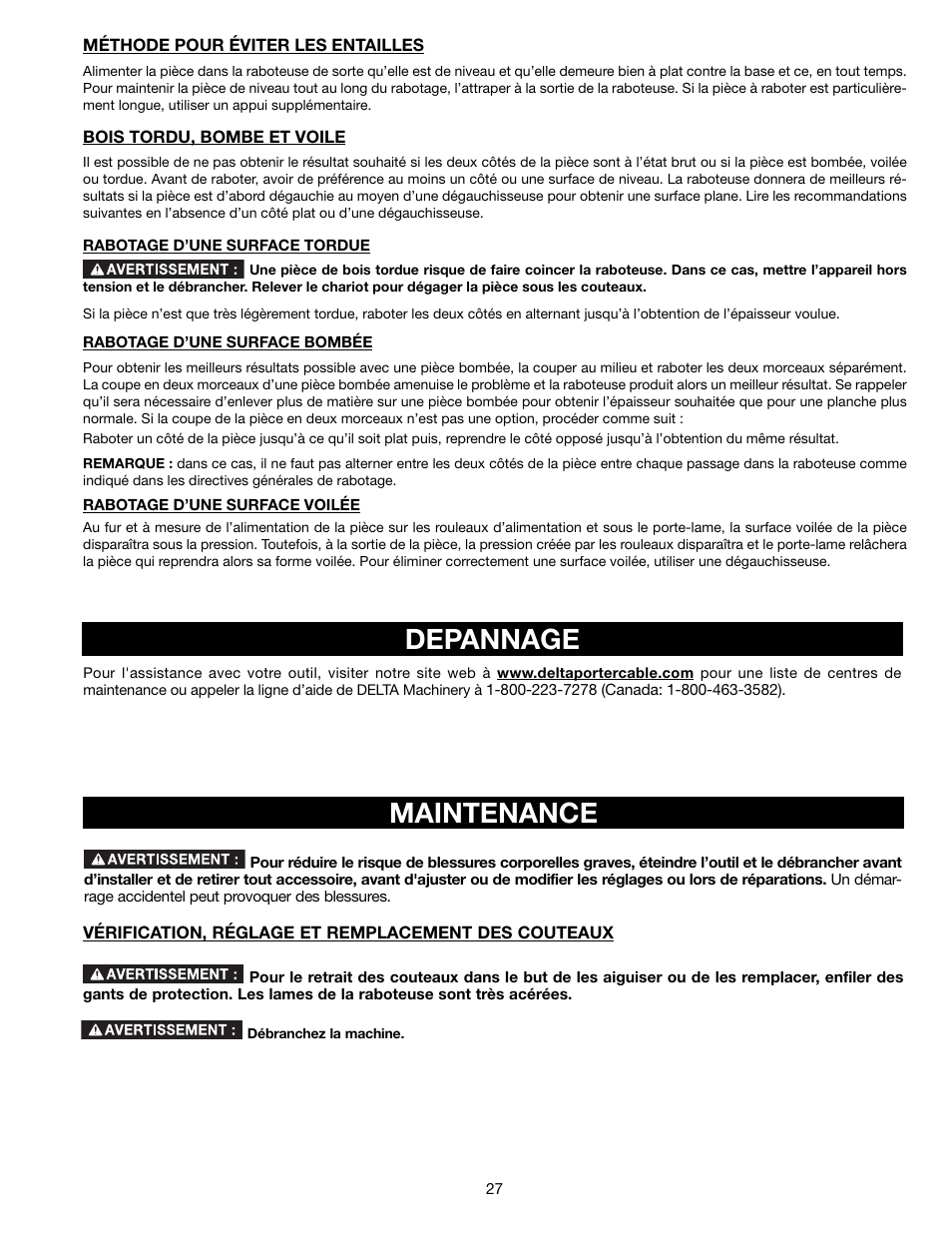 Depannage, Maintenance | Delta 13" PORTABLE PLANER 22-590 User Manual | Page 27 / 52