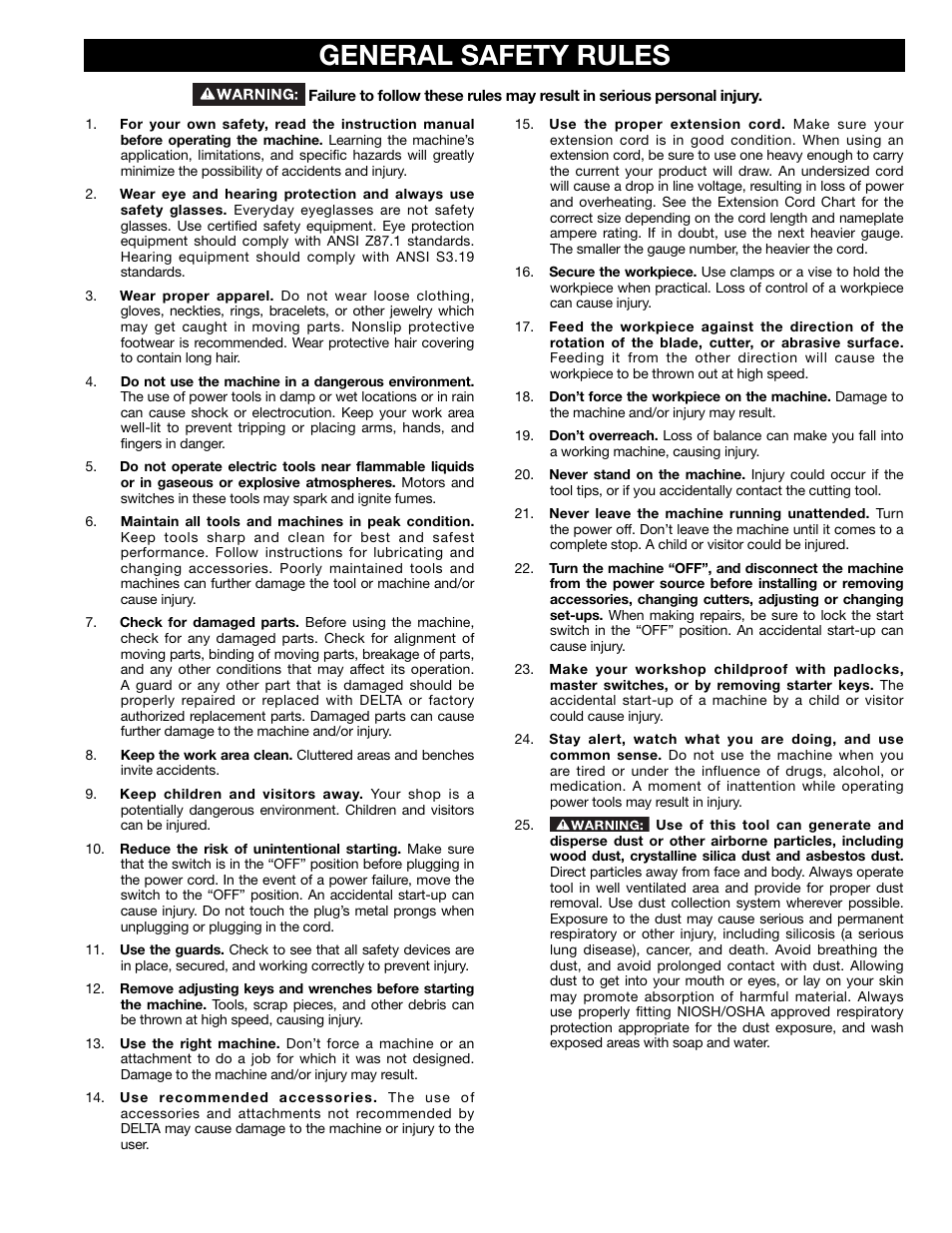 General safety rules | Delta 13" PORTABLE PLANER 22-590 User Manual | Page 3 / 52