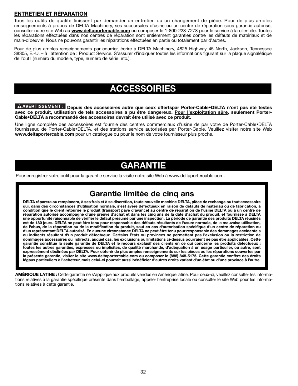 Accessoiries, Garantie, Garantie limitée de cinq ans | Delta 13" PORTABLE PLANER 22-590 User Manual | Page 32 / 52