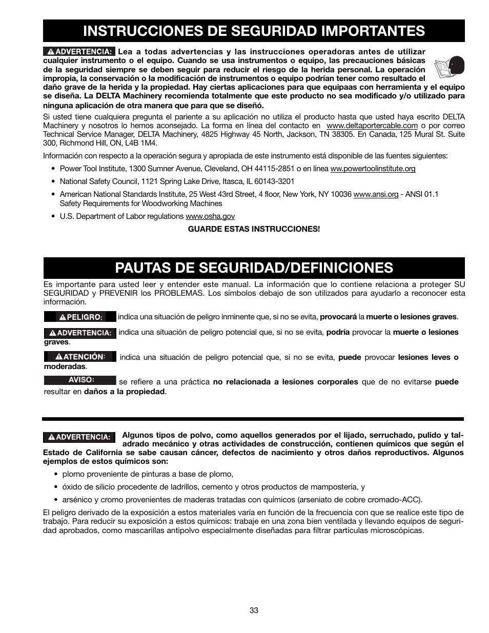 Instrucciones de seguridad importantes, Pautas de seguridad/definiciones | Delta 13" PORTABLE PLANER 22-590 User Manual | Page 33 / 52