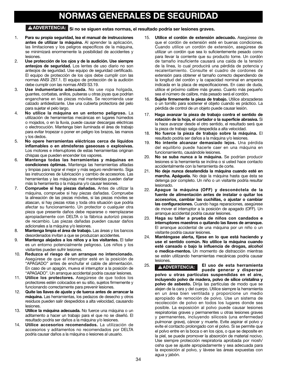 Normas generales de seguridad | Delta 13" PORTABLE PLANER 22-590 User Manual | Page 34 / 52