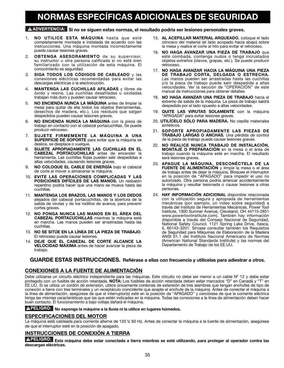 Normas específicas adicionales de seguridad, Guarde estas instrucciones | Delta 13" PORTABLE PLANER 22-590 User Manual | Page 35 / 52