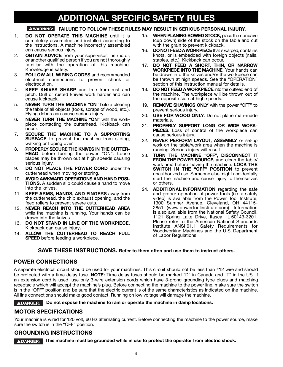 Additional specific safety rules | Delta 13" PORTABLE PLANER 22-590 User Manual | Page 4 / 52