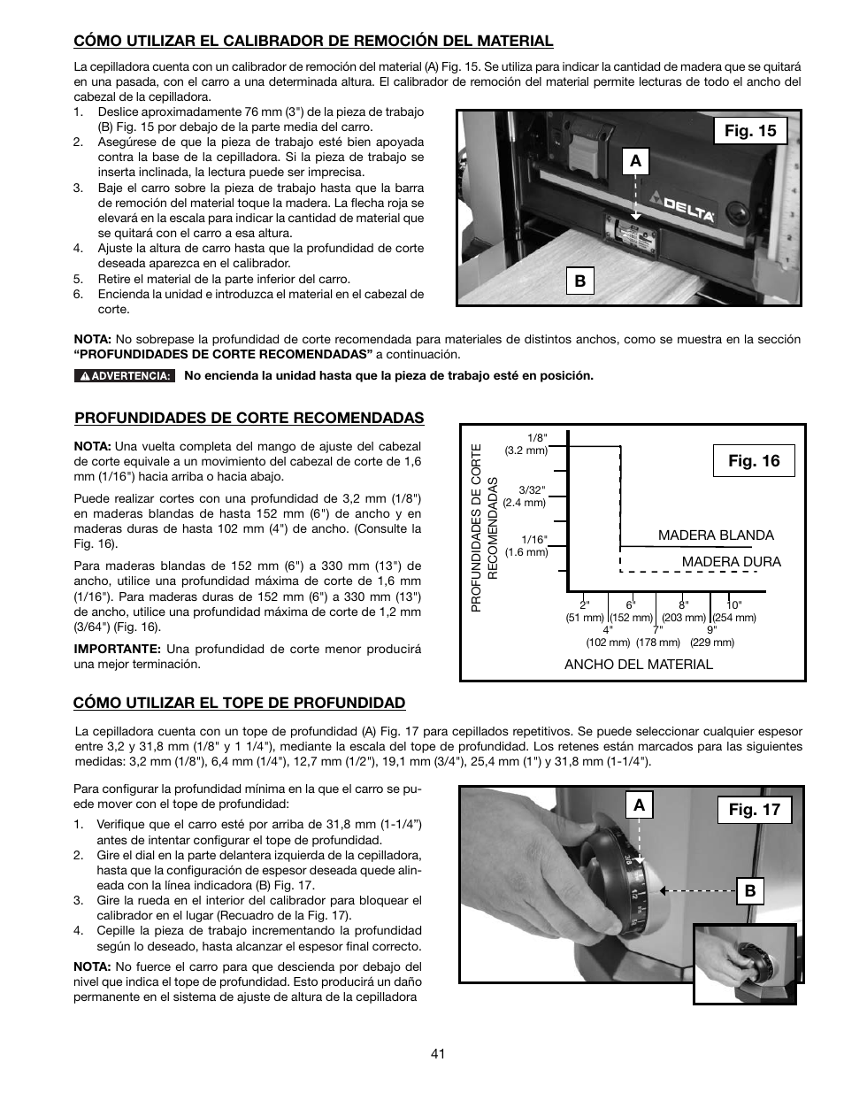 Fig. 15 a b fig. 17 a, Fig. 16 b | Delta 13" PORTABLE PLANER 22-590 User Manual | Page 41 / 52