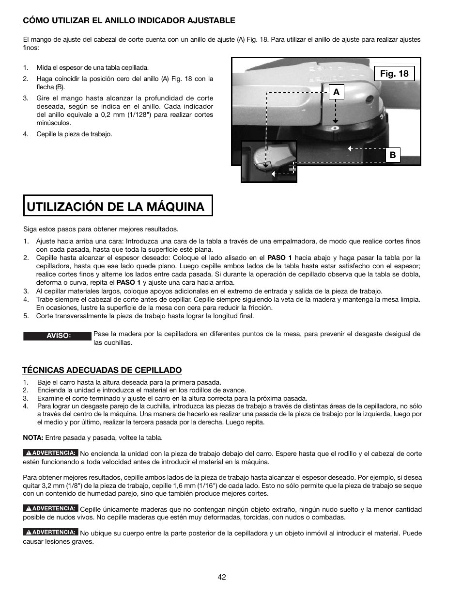 Utilización de la máquina | Delta 13" PORTABLE PLANER 22-590 User Manual | Page 42 / 52