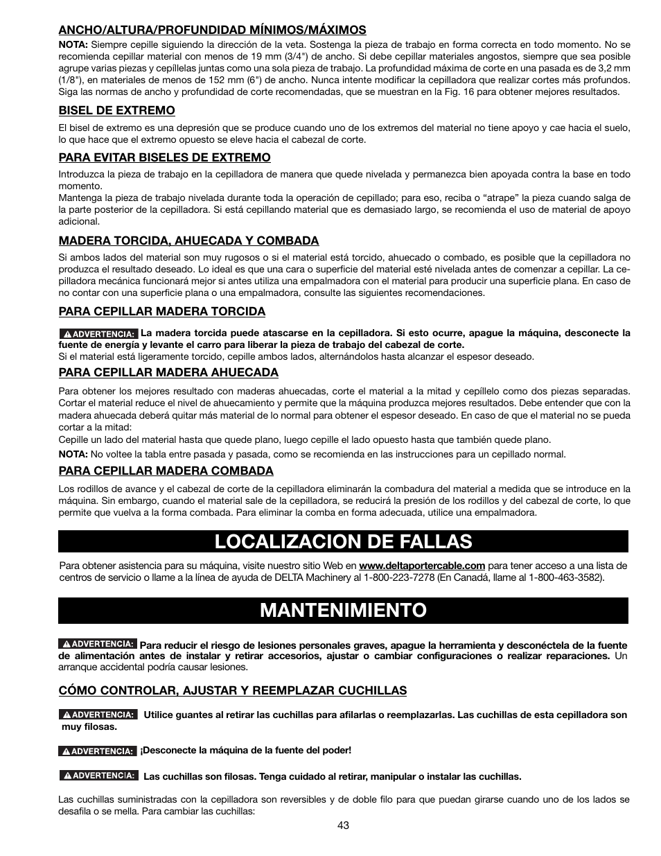 Localizacion de fallas, Mantenimiento | Delta 13" PORTABLE PLANER 22-590 User Manual | Page 43 / 52