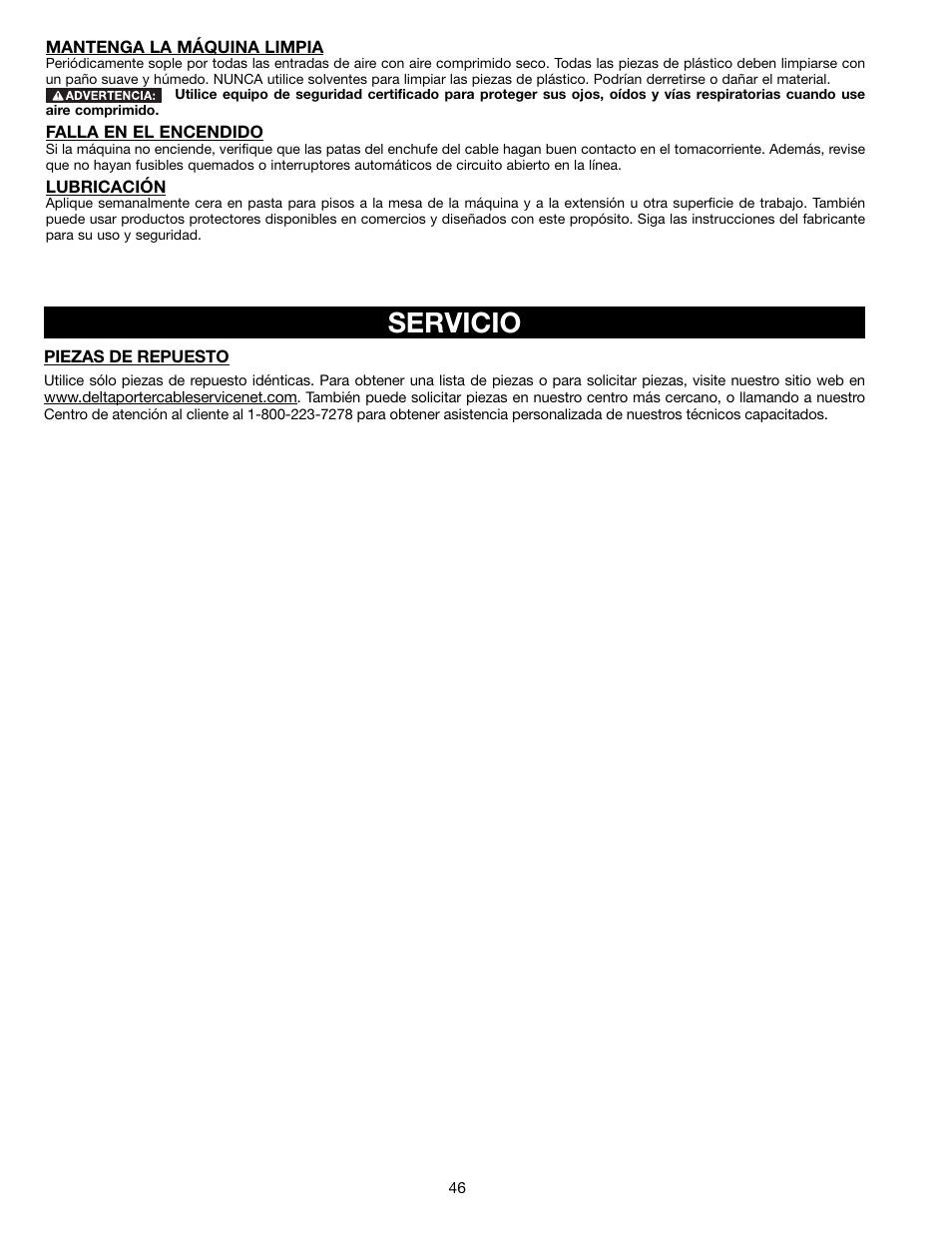 Servicio | Delta 13" PORTABLE PLANER 22-590 User Manual | Page 46 / 52