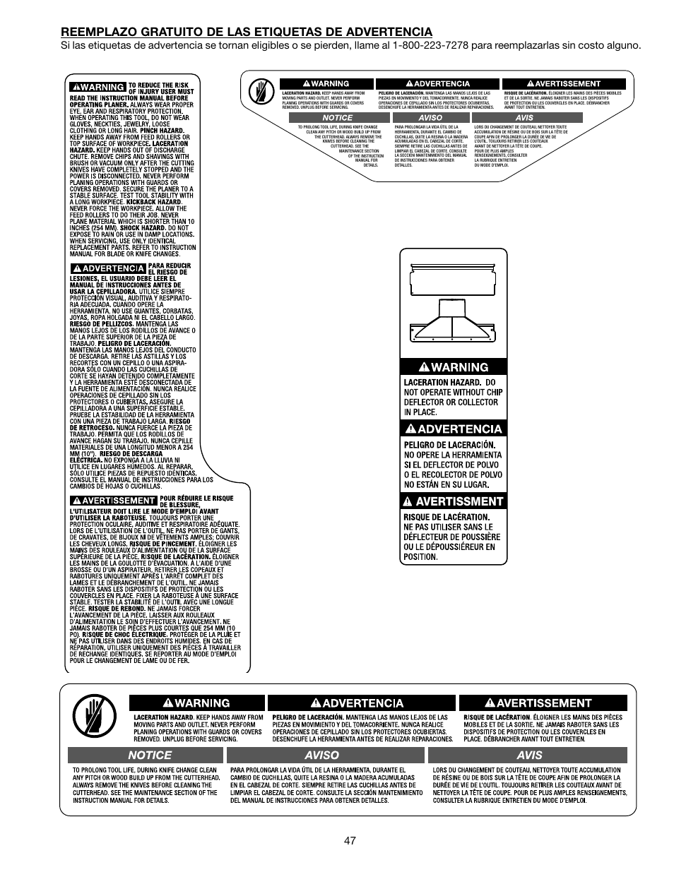 Reemplazo gratuito de las etiquetas de advertencia, Avertissment | Delta 13" PORTABLE PLANER 22-590 User Manual | Page 47 / 52