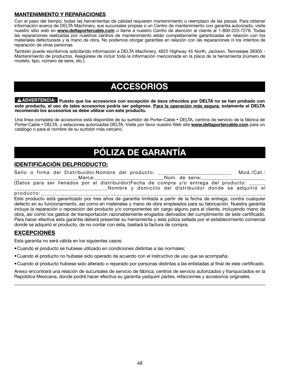 Accesorios, Póliza de garantía | Delta 13" PORTABLE PLANER 22-590 User Manual | Page 48 / 52