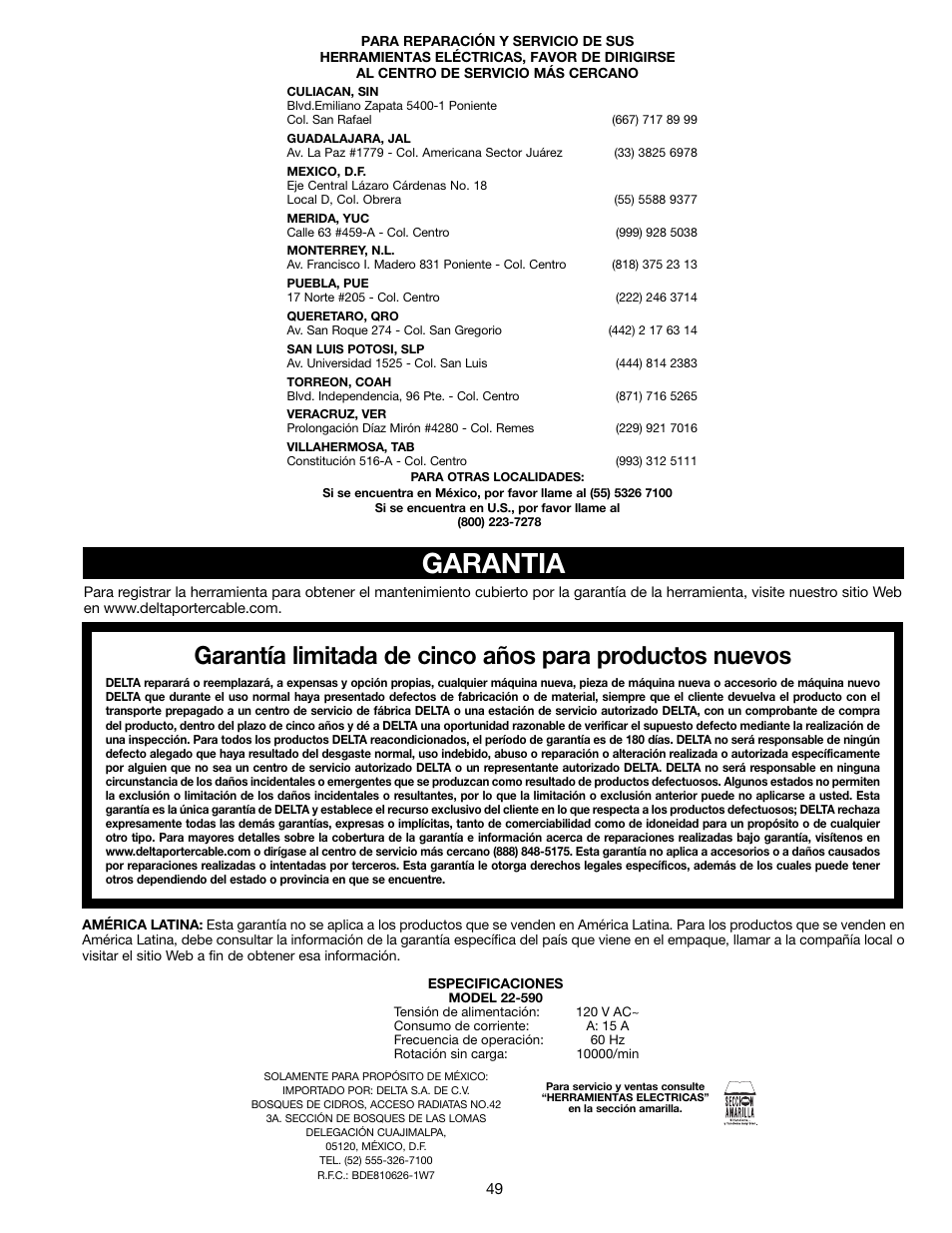 Garantia | Delta 13" PORTABLE PLANER 22-590 User Manual | Page 49 / 52