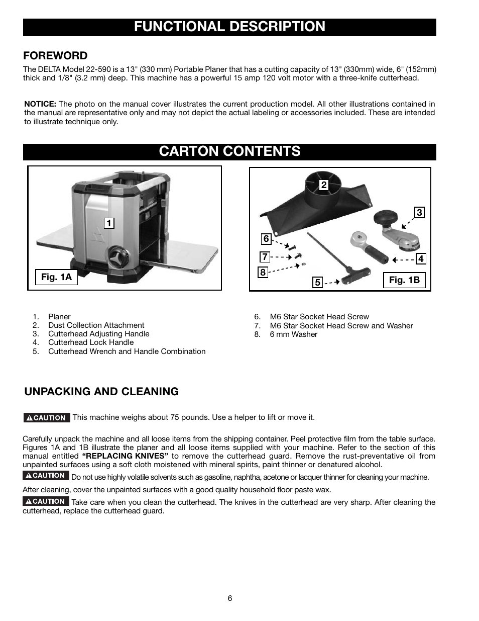 Functional description carton contents | Delta 13" PORTABLE PLANER 22-590 User Manual | Page 6 / 52