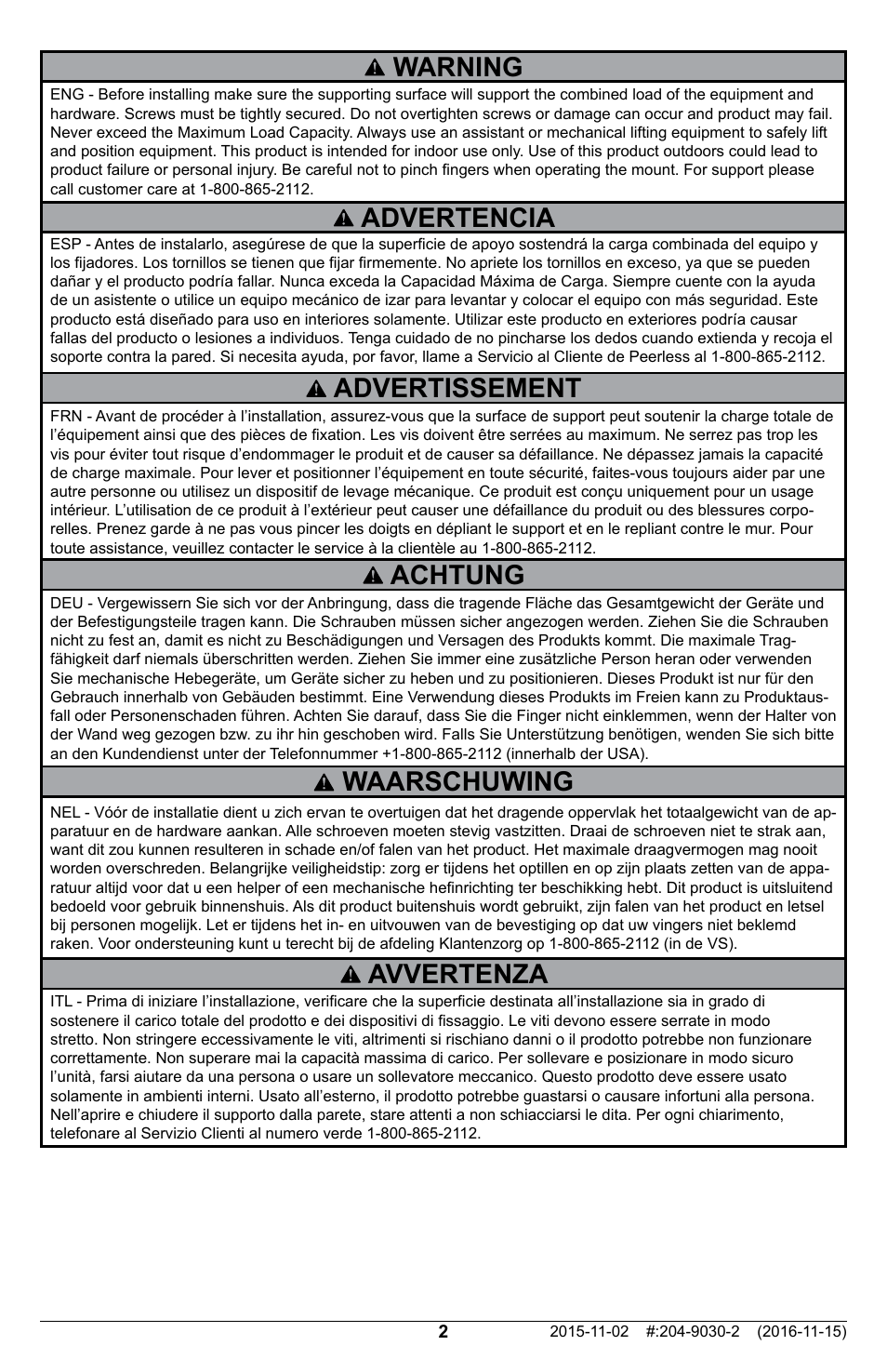 Warning, Advertencia advertissement, Achtung | Waarschuwing, Avvertenza | Peerless-AV Universal Display Adapter Plate User Manual | Page 2 / 12