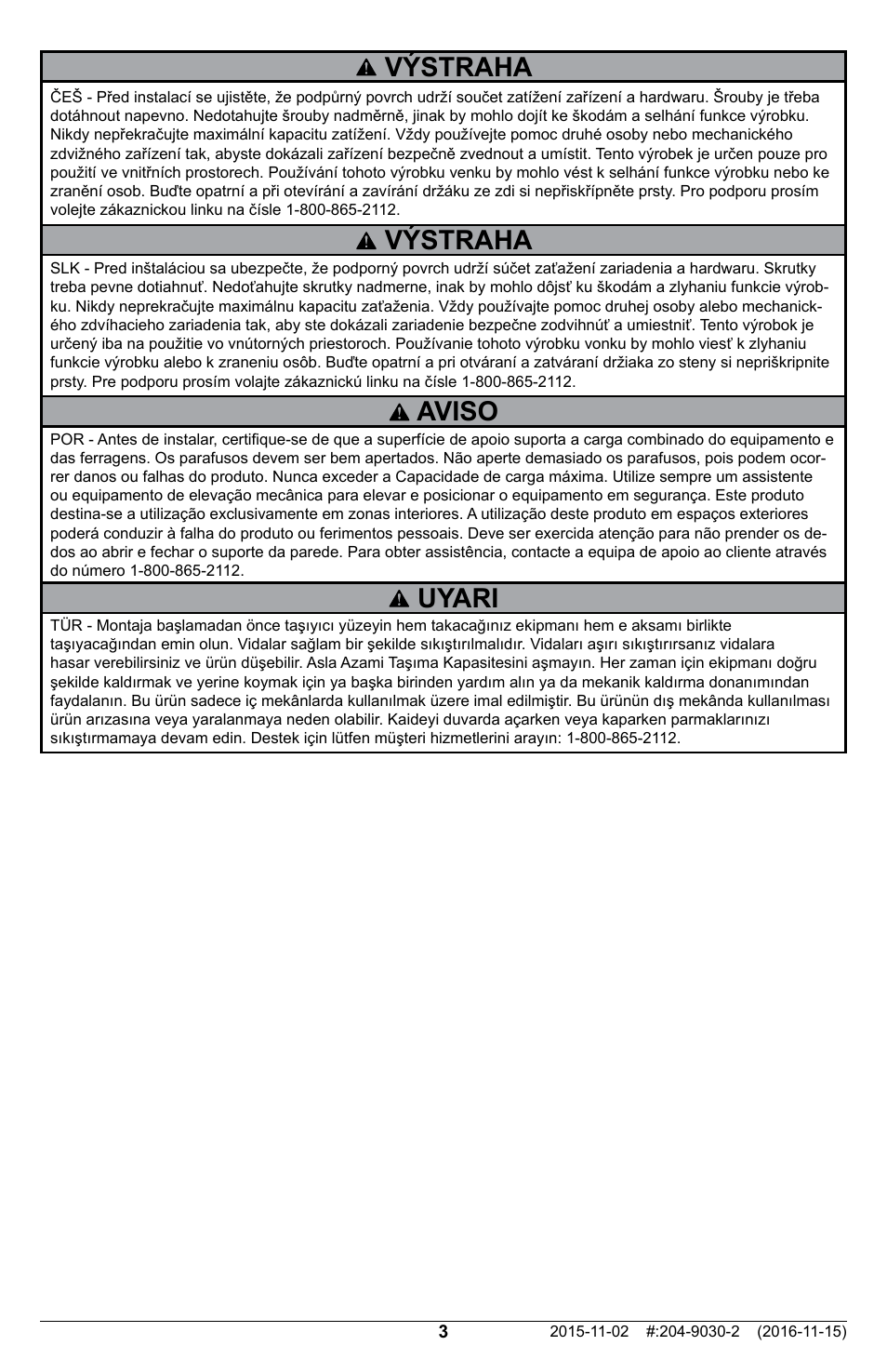 Výstraha, Uyari, Aviso | Peerless-AV Universal Display Adapter Plate User Manual | Page 3 / 12