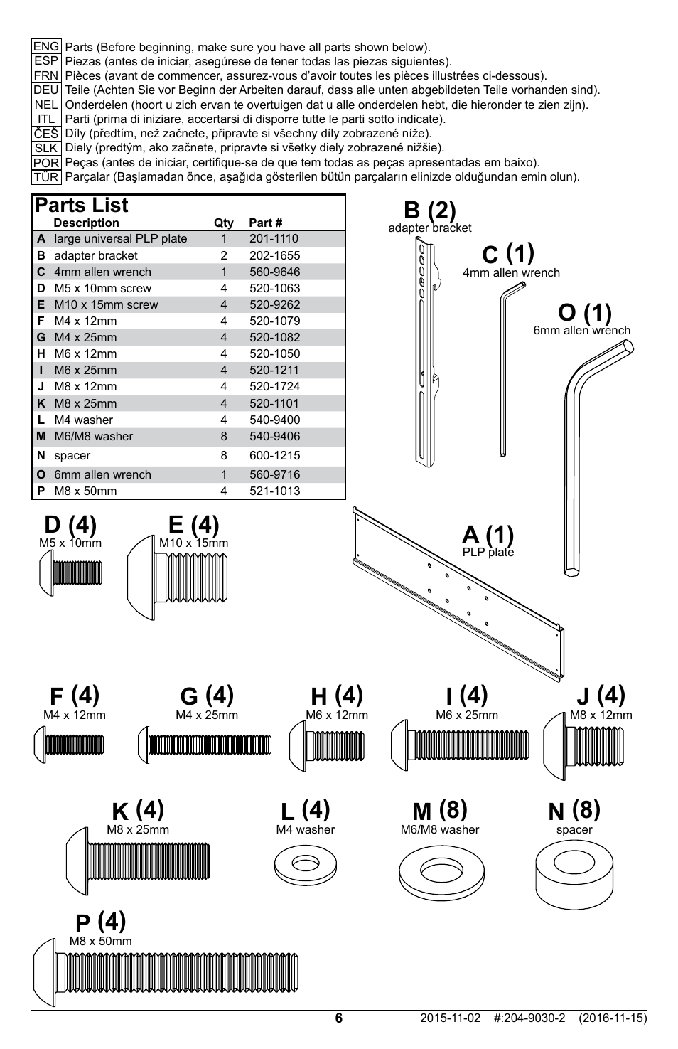 A (1), O (1), B (2) | L (4), F (4), G (4), H (4), I (4), J (4), K (4) | Peerless-AV Universal Display Adapter Plate User Manual | Page 6 / 12