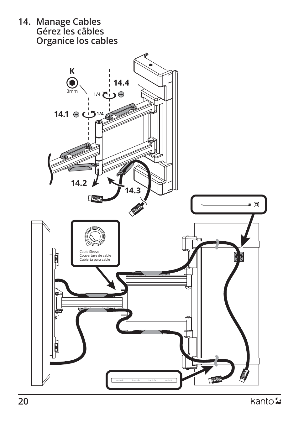 Manage cables gérez les câbles organice los cables | Kanto Living PSC350 Full-Motion Column & Pillar Mount for 37 to 75" Displays User Manual | Page 20 / 24