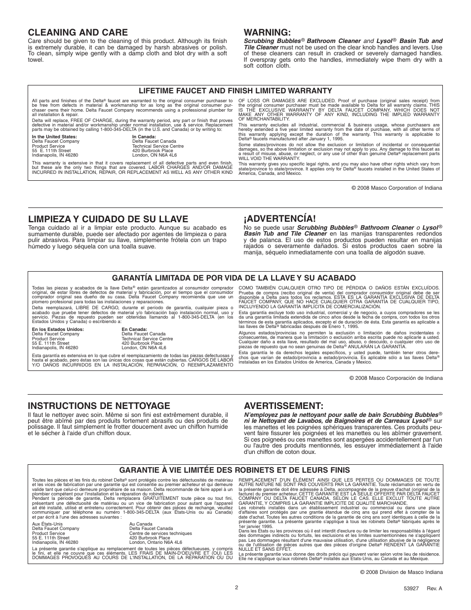 Cleaning and care, Instructions de nettoyage, Limpieza y cuidado de su llave | Warning, Avertissement, Advertencía, Lifetime faucet and finish limited warranty | Delta 2500 Series User Manual | Page 2 / 8