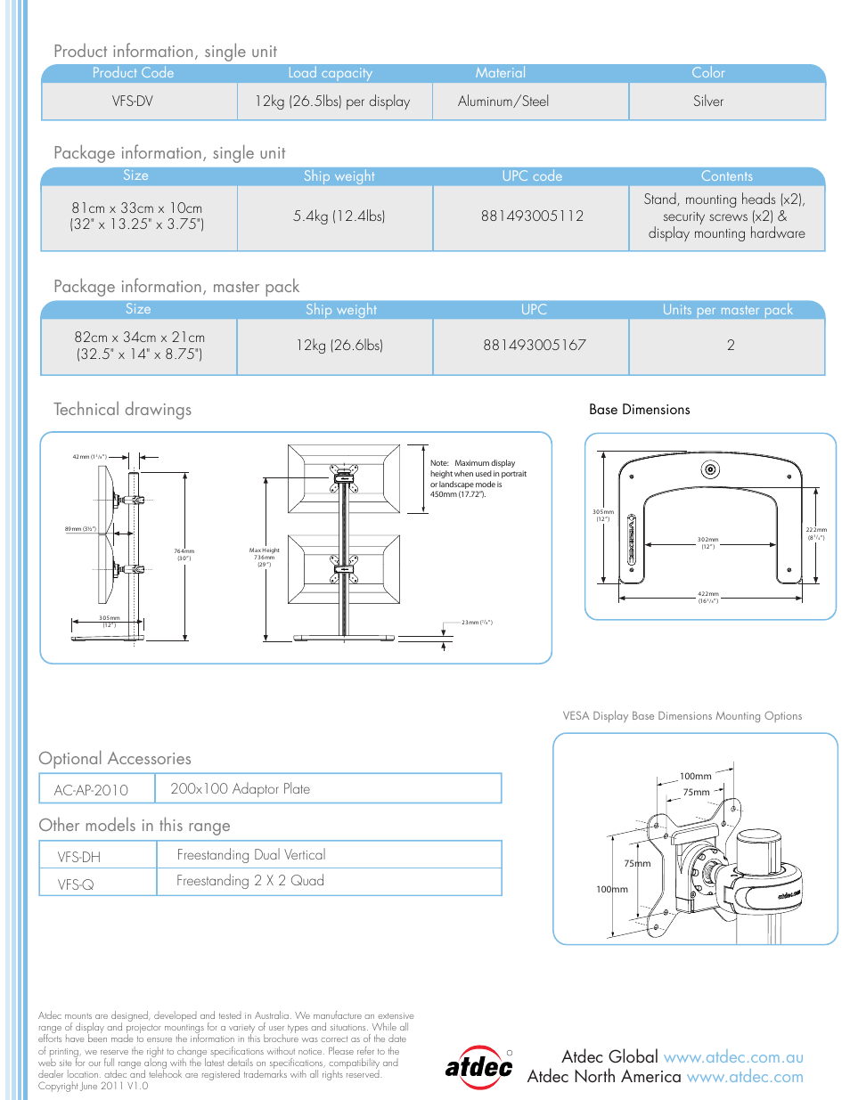 Optional accessories, Other models in this range, Base dimensions | Atdec Visidec VFS-DV Freestanding Vertical Mount for Dual Monitors (Silver) User Manual | Page 2 / 2